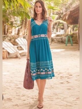 Sundance Teal Blue Embroidered Midi Dress